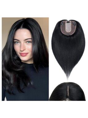Black Real Human Hair Topper with Hand-Tied Lace Base Clip-In - Jet Black